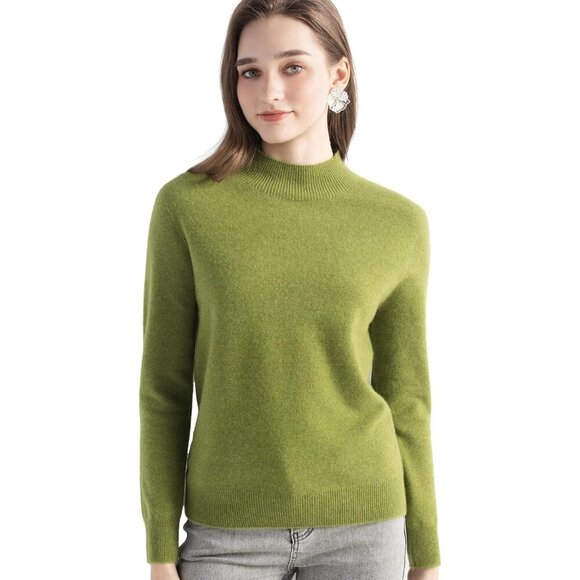 Women's Cashmere Sweater Mock Neck Long Sleeve Warm Pullover Small Green